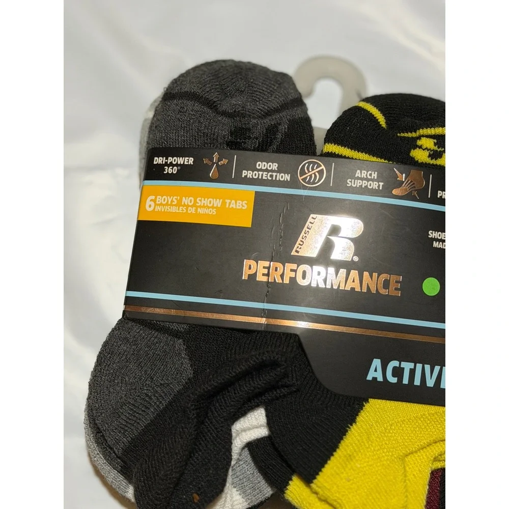 Russell Performance Socks Multicolor No Show Active Arch Support 6 Pair M Boys